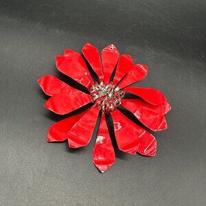 Vintage Christmas Ornament Handmade Red Silver Flower Aluminum Metal Atomic